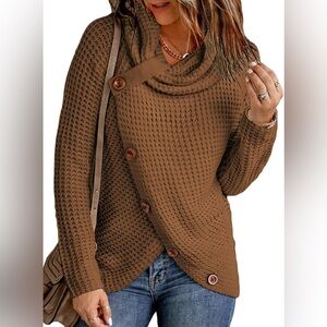 NEW Women's Chunky Turtle Cowl Neck Knit Wrap Asymmetric Hem Sweater with Button